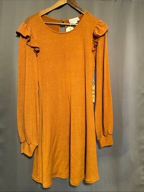Rust Orange Ruffle Shoulder Long Sleeve Sweater Dress